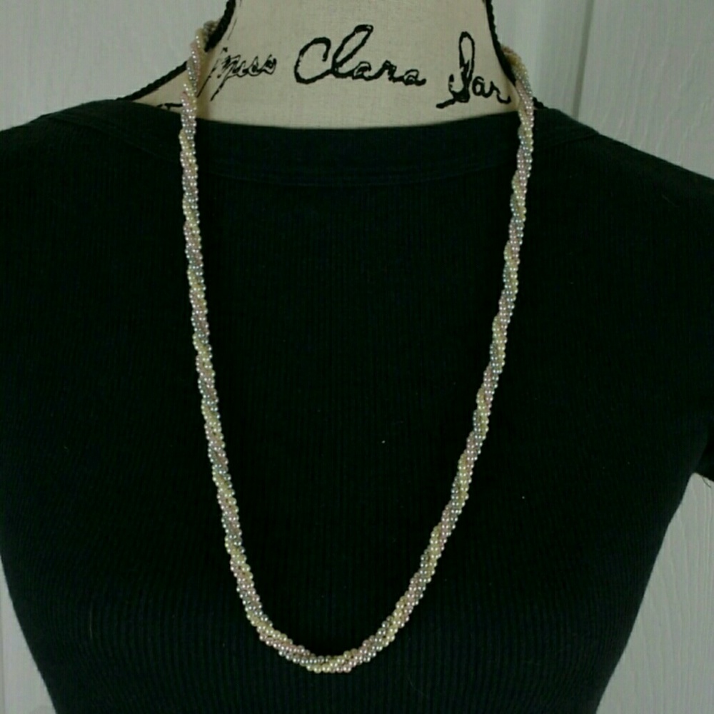 Pink, cream, & gray beaded twisted 30" necklace